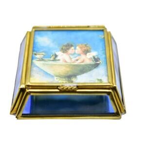 Viva! Glass & Brass Trinket Box Handcrafted In Mexico Kissing Cherub Angels Bin1